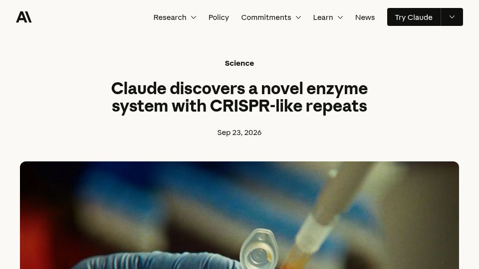 Screenshot of anthropic.com: Claude discovers a novel enzyme system with CRISPR-like repeats