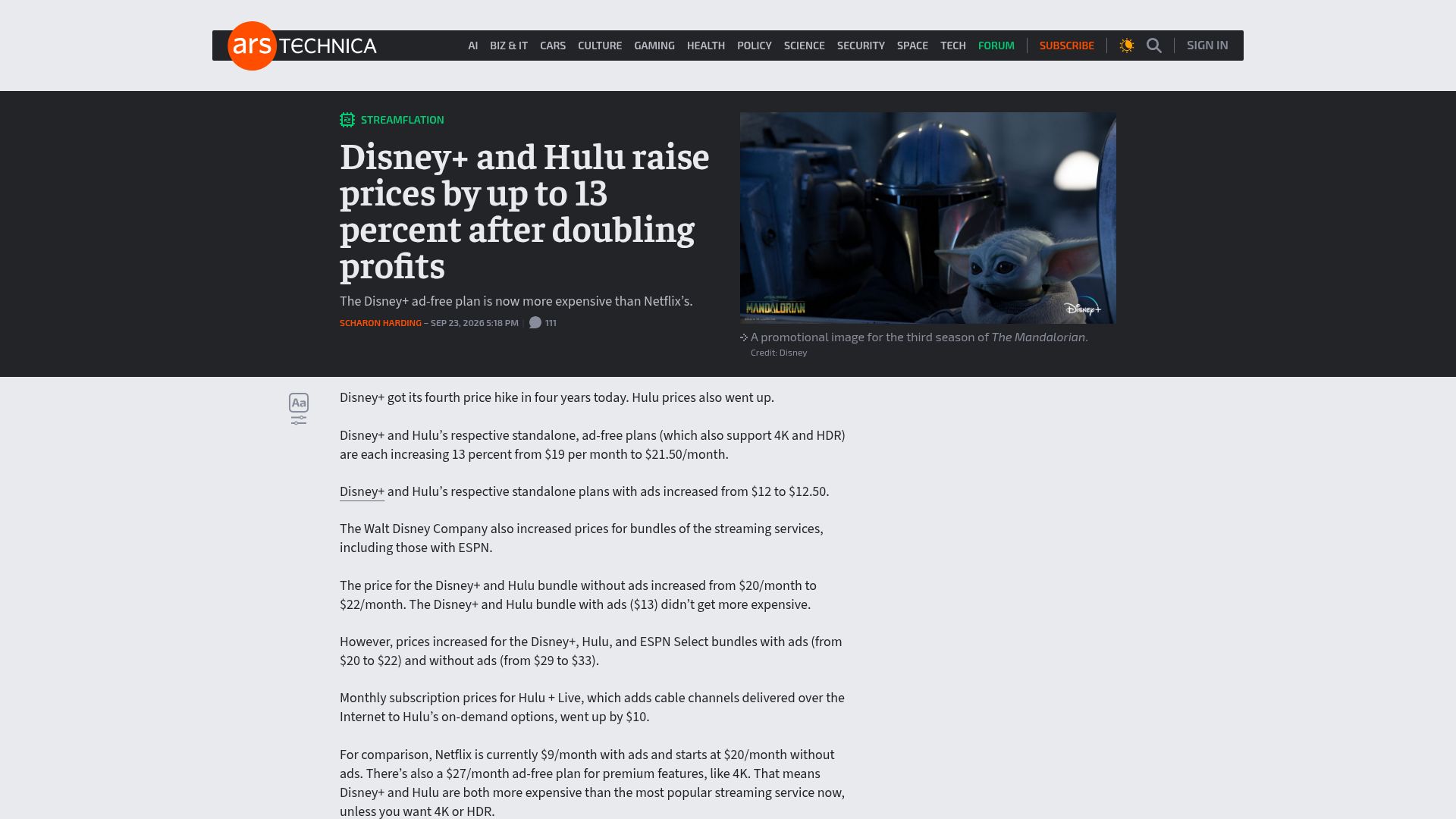 Screenshot of arstechnica.com: Disney+ and Hulu raise prices by up to 13 percent after doubling profits