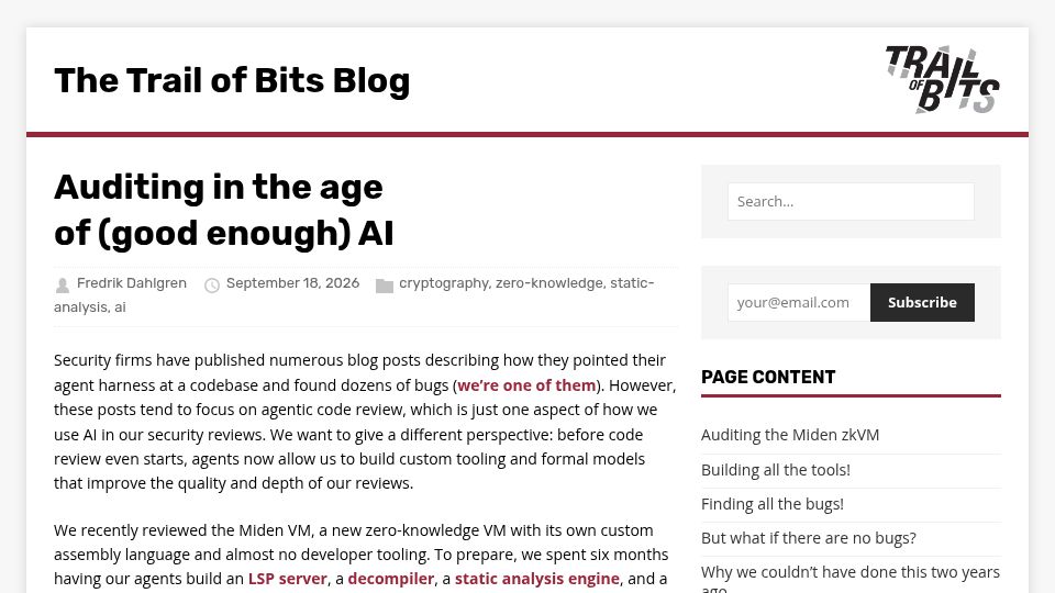Screenshot of blog.trailofbits.com: Security auditing in the age of (good enough) AI