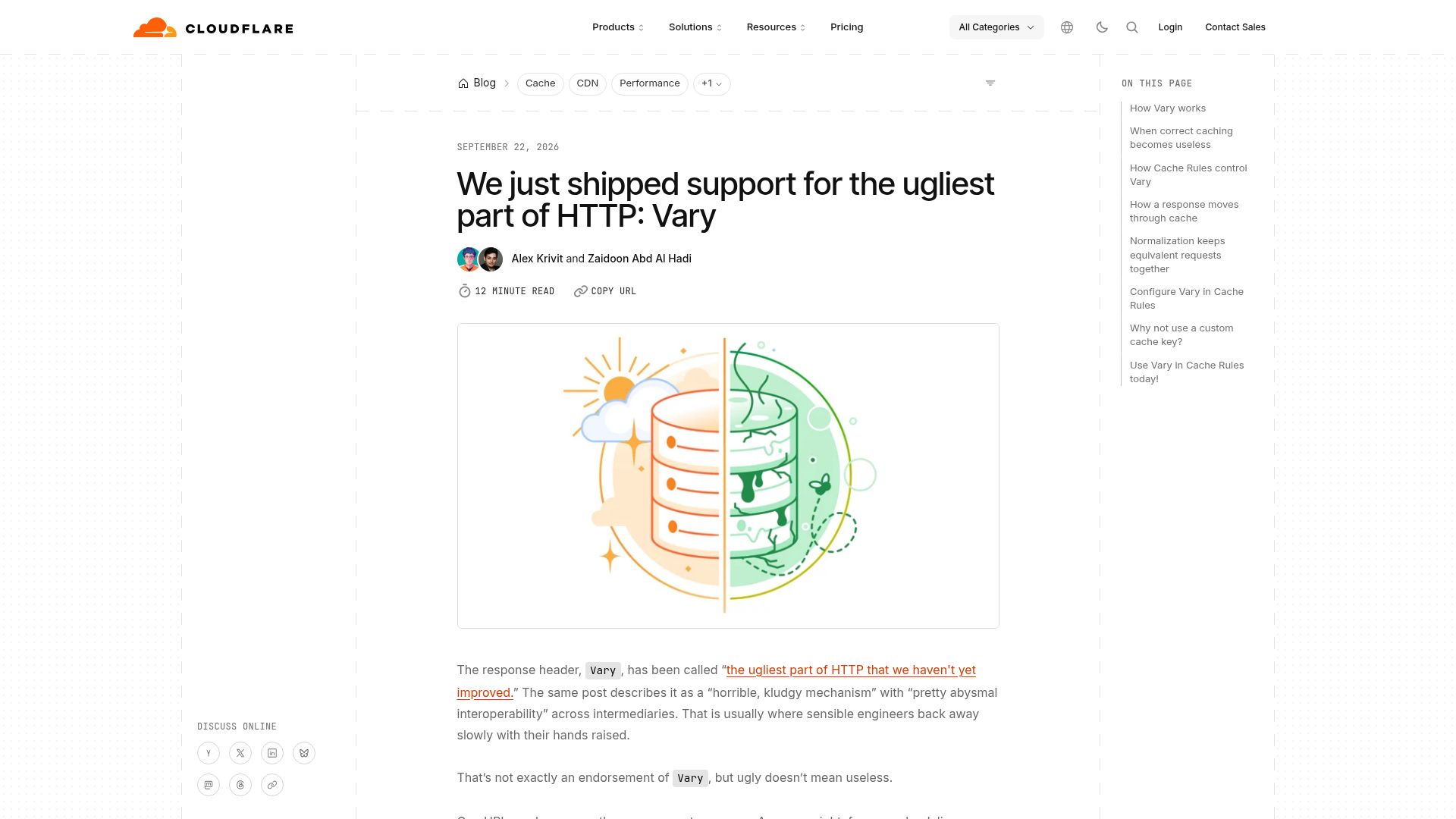 Screenshot of blog.cloudflare.com: We just shipped support for the ugliest part of HTTP: Vary