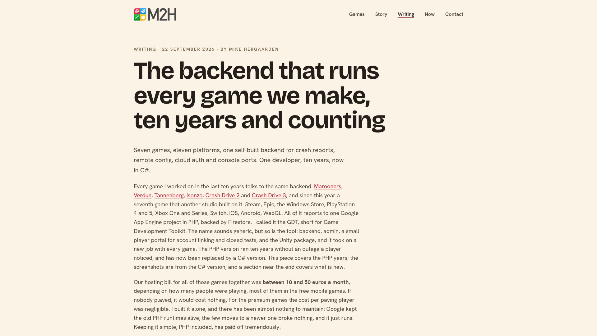 Screenshot of m2h.nl: The backend that ran every game we made, ten years and counting