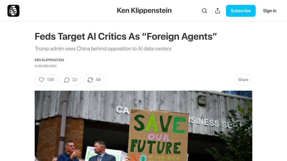 Screenshot of kenklippenstein.com: Feds Target AI Critics as "Foreign Agents"