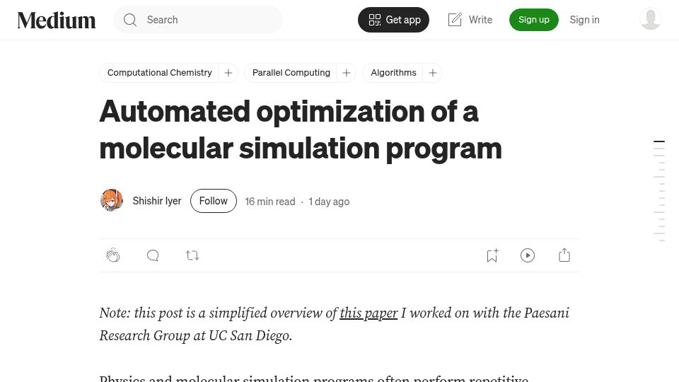 Screenshot of shishir-iyer.medium.com: Automated optimization of a molecular simulation program