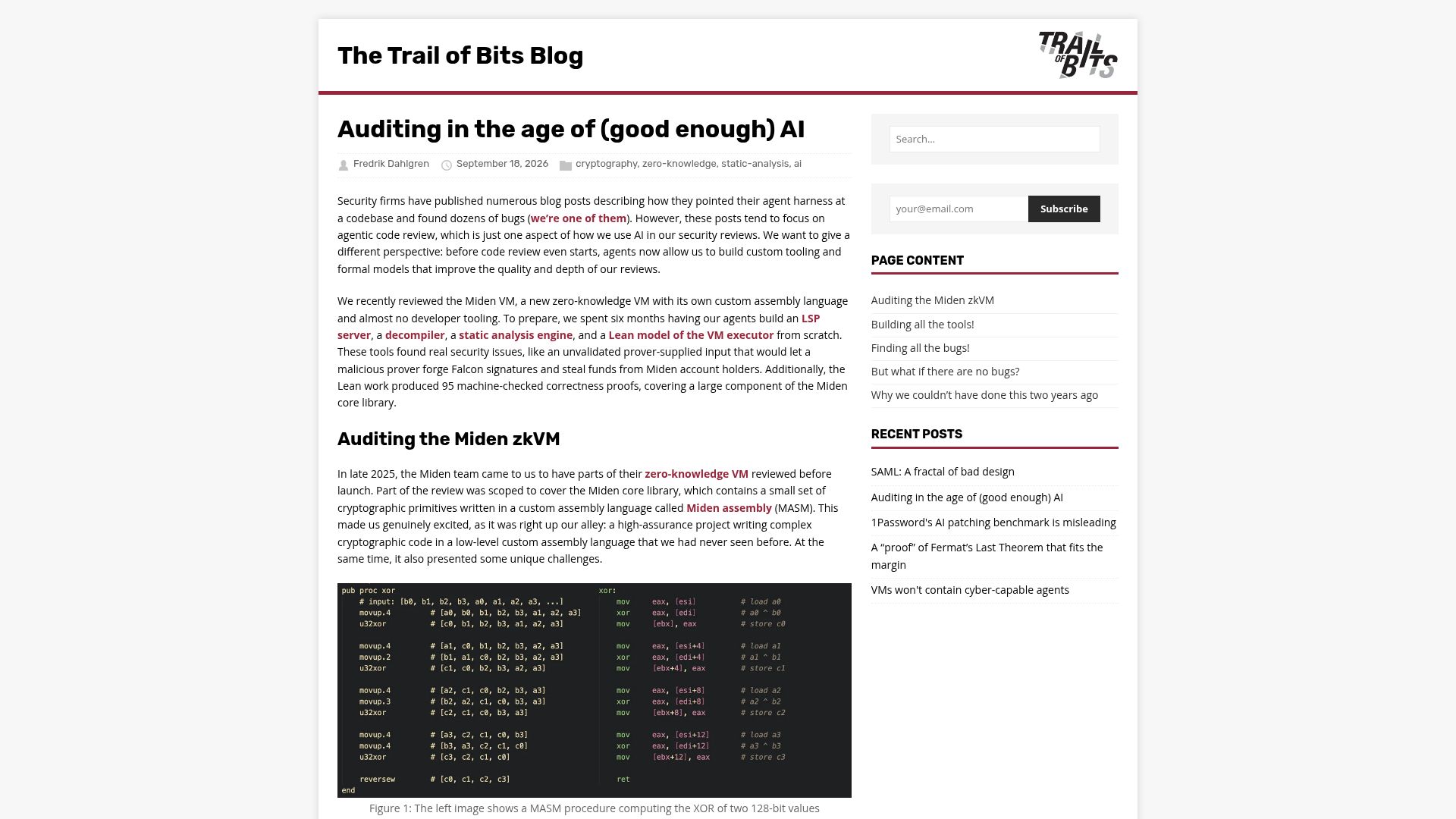 Screenshot of blog.trailofbits.com: Security auditing in the age of (good enough) AI