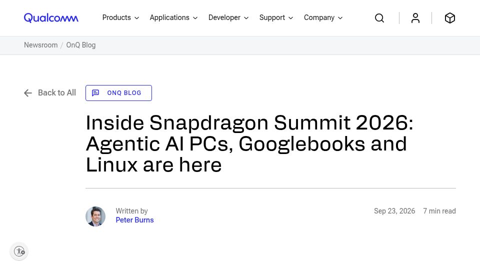 Screenshot of qualcomm.com: Linux support is coming to Snapdragon X2 series