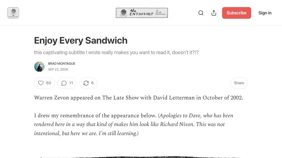 Screenshot of bradmontague.substack.com: Enjoy Every Sandwich
