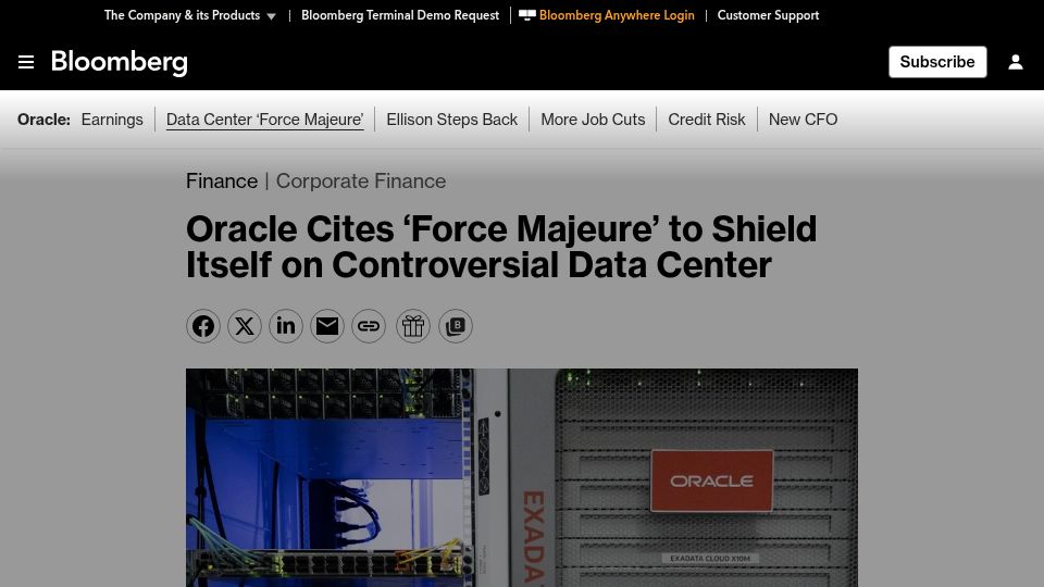 Screenshot of bloomberg.com: Oracle cites 'force majeure' to shield itself on controversial data center