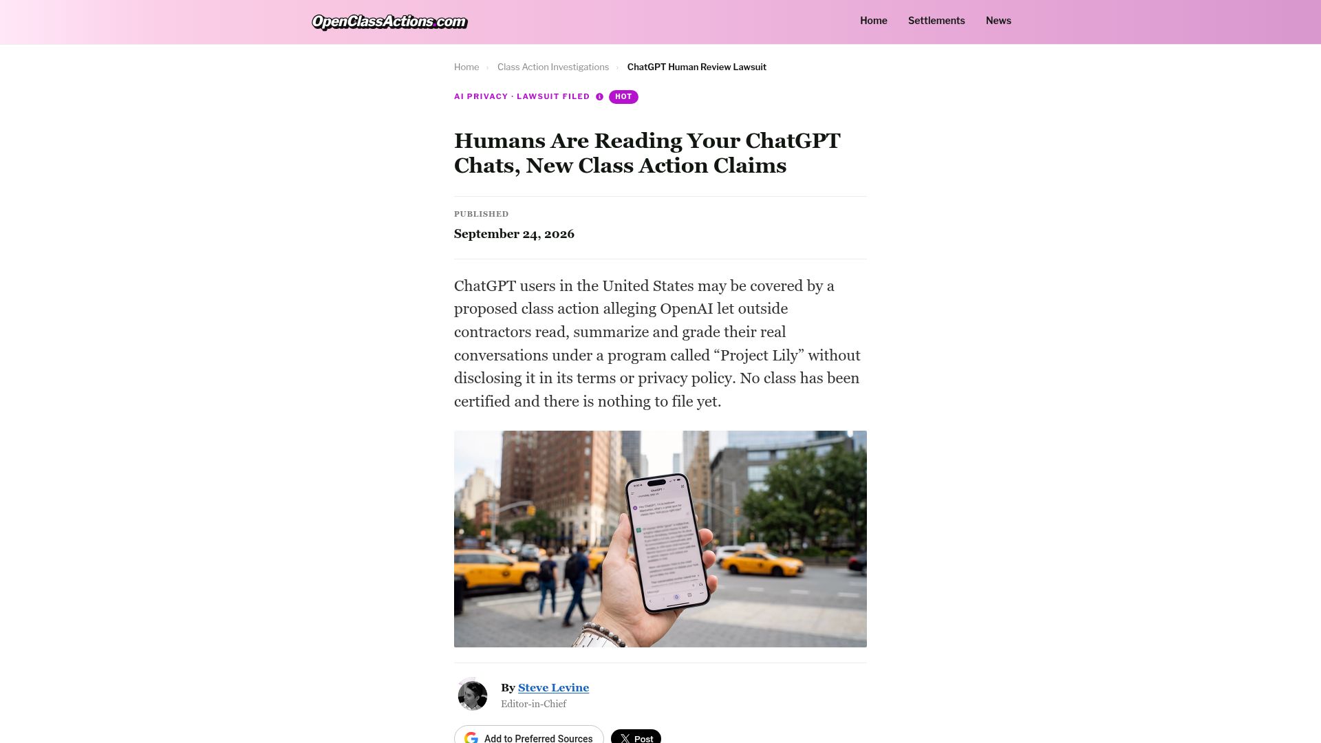 Screenshot of openclassactions.com: Humans Are Reading Your ChatGPT Chats, Lawsuit Claims