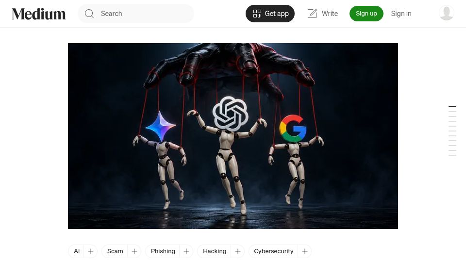 Screenshot of medium.com: Hackers influence ChatGPT and Gemini to direct users to scam centers