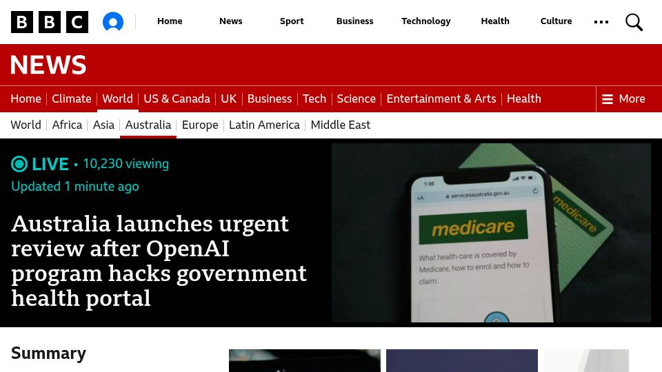 Screenshot of bbc.com: OpenAI agent hacked Australian government website, PM says