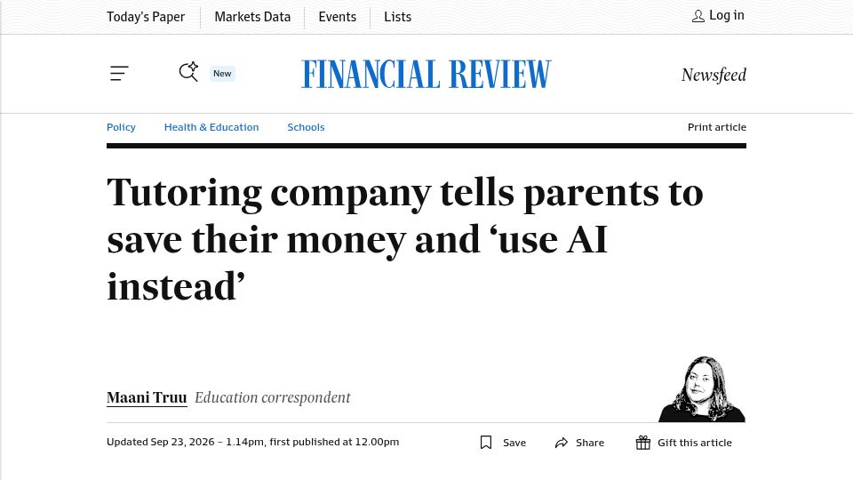 Screenshot of afr.com: Tutoring company tells parents to save their money and 'use AI instead'
