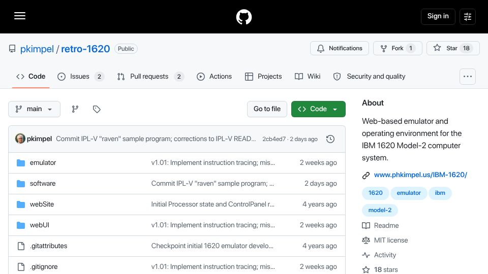 Screenshot of github.com: Web-based IBM 1620 emulator and IPL-V from 1963