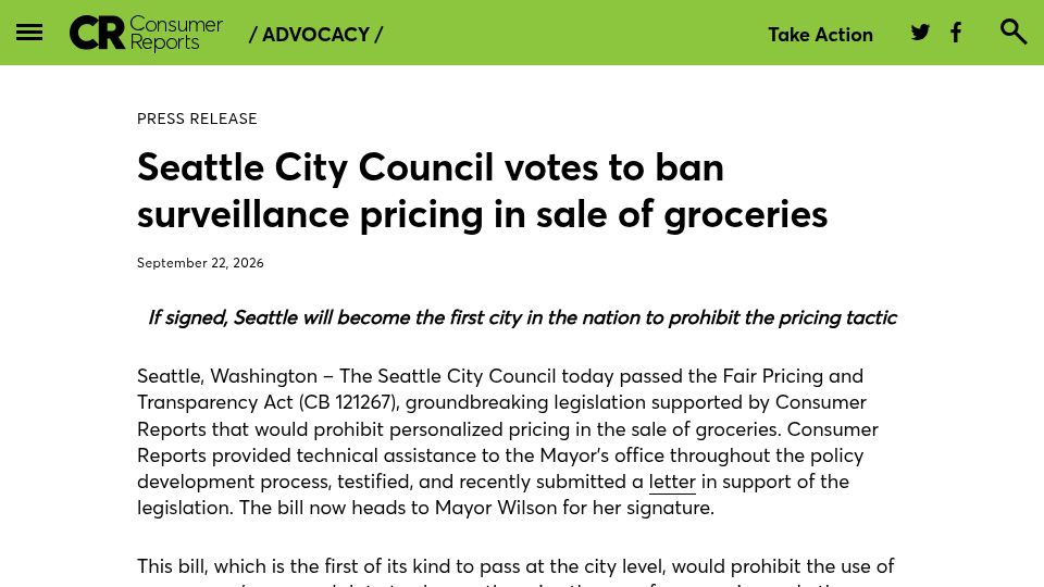 Screenshot of advocacy.consumerreports.org: Seattle City Council votes to ban surveillance pricing in sale of groceries