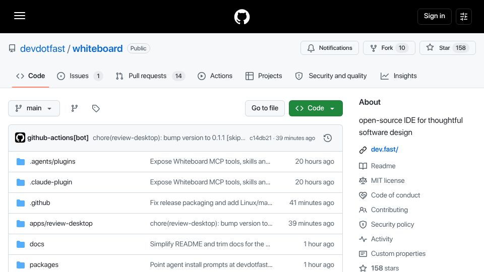 Screenshot of github.com: Show HN: Whiteboard (YC W26) – An open-source IDE for thoughtful software design