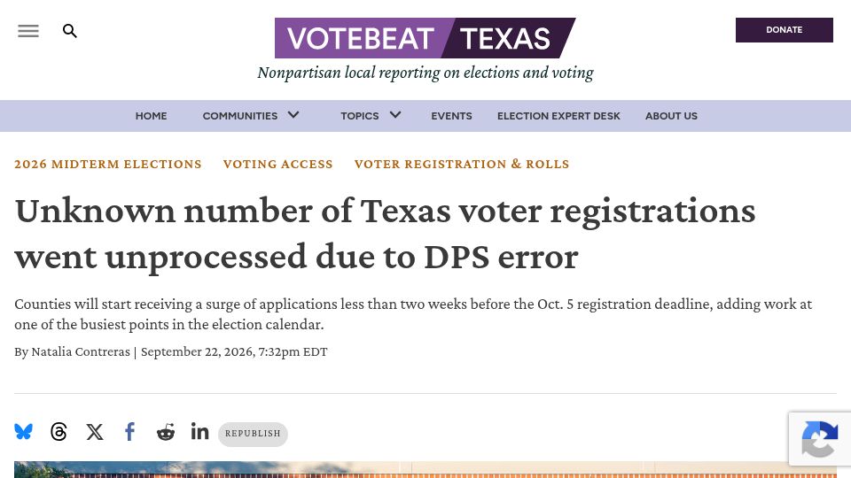 Screenshot of votebeat.org: Unknown number of Texas voter registrations went unprocessed due to DPS error