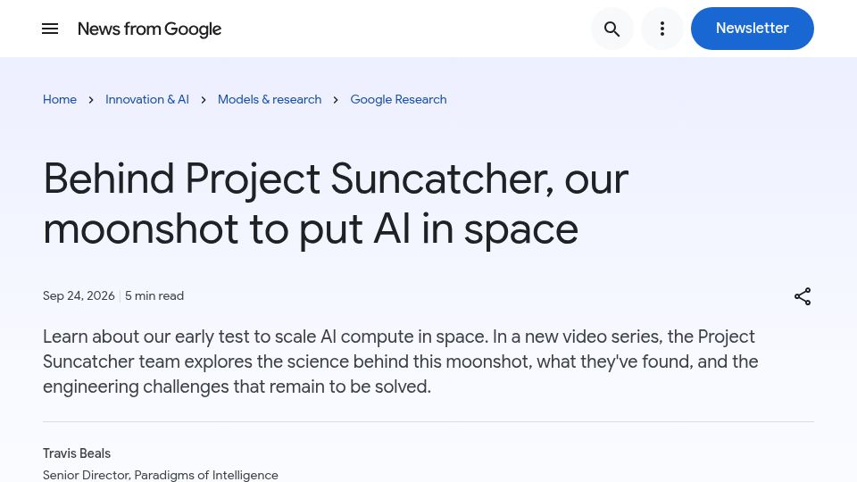 Screenshot of blog.google: Google’s Project Suncatcher to put ML infrastructure in space