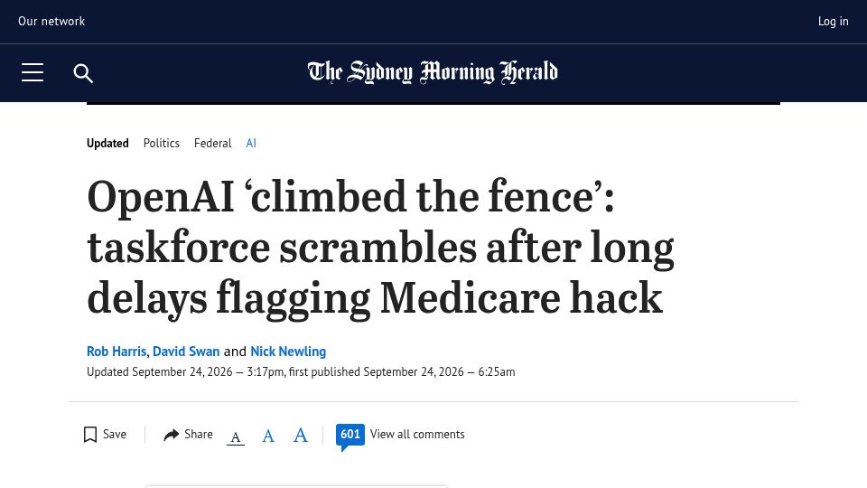 Screenshot of smh.com.au: OpenAI breaches Medicare, Albanese reveals