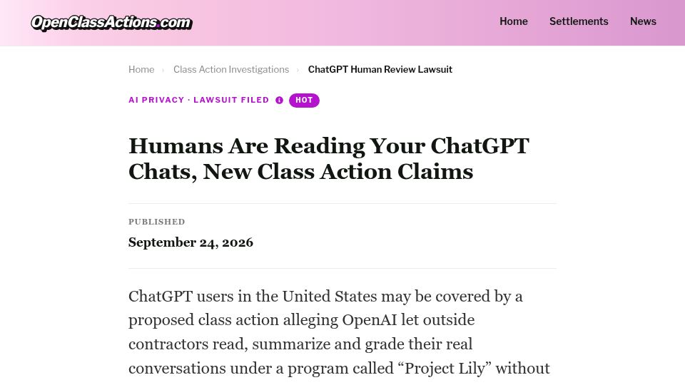 Screenshot of openclassactions.com: Humans Are Reading Your ChatGPT Chats, Lawsuit Claims