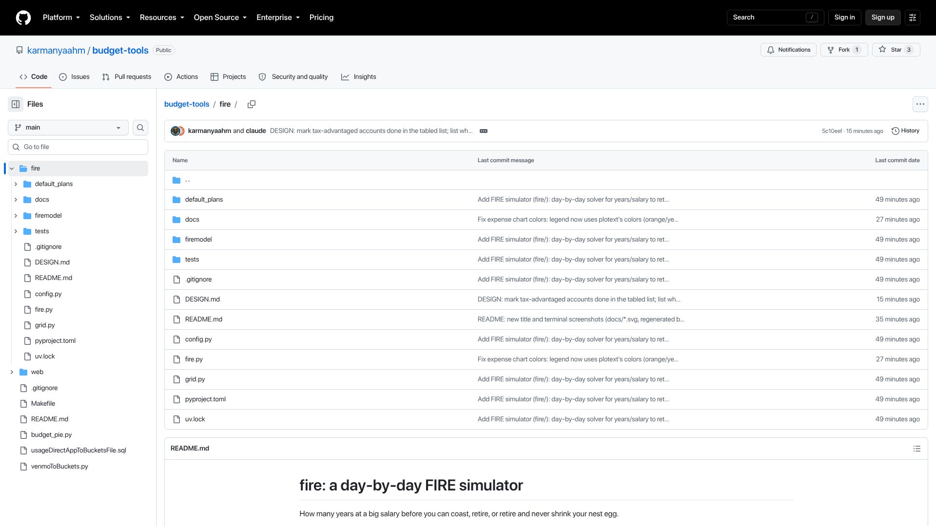 Screenshot of github.com: Show HN: How long do I need to work at my salary before I can coast, or retire?