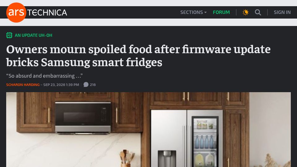 Screenshot of arstechnica.com: Owners mourn spoiled food after firmware update bricks Samsung smart fridges