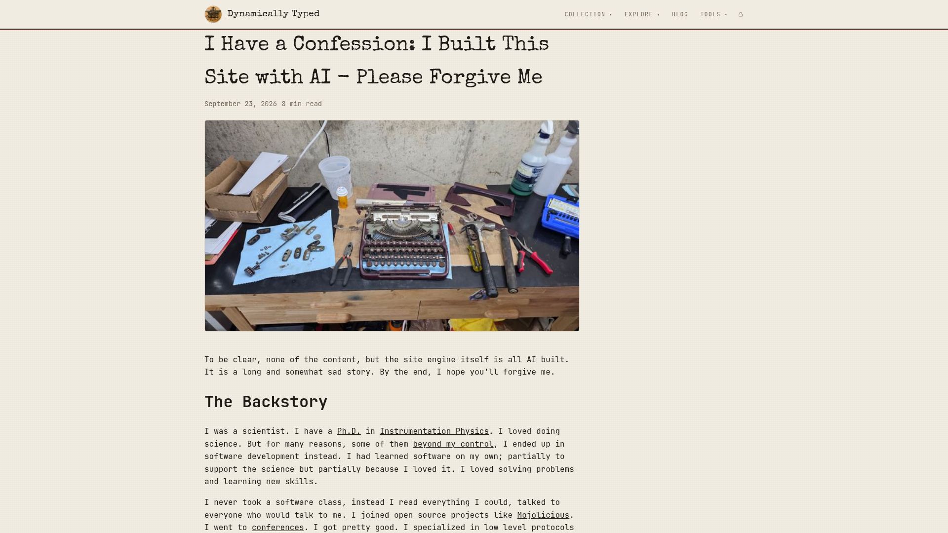 Screenshot of dynamicallytyped.org: I Have a Confession: I Built This Site with AI – Please Forgive Me