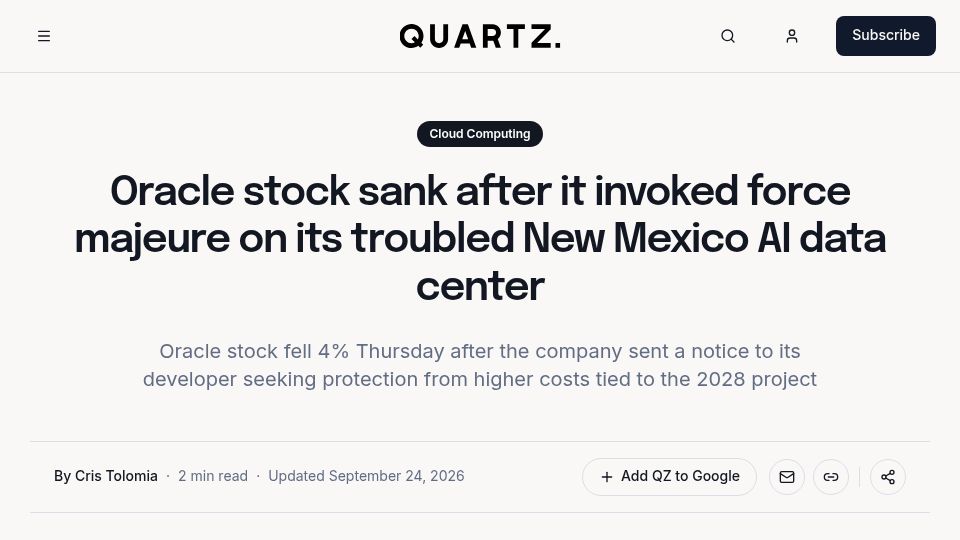 Screenshot of qz.com: Oracle invokes force majeure on New Mexico AI data center