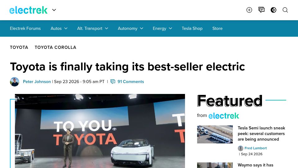 Screenshot of electrek.co: Toyota is taking the Corolla electric