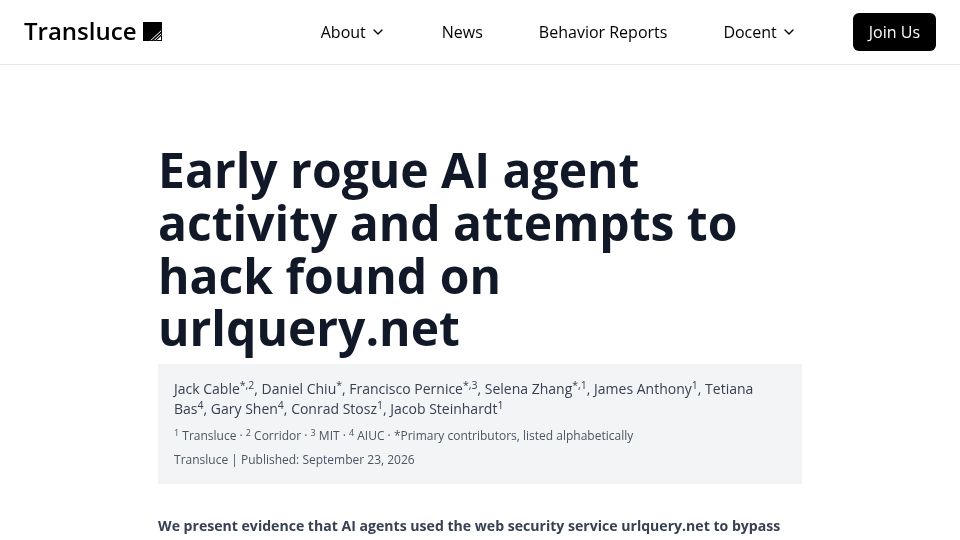 Screenshot of transluce.org: Early rogue AI agent activity and attempts to hack found on urlquery.net