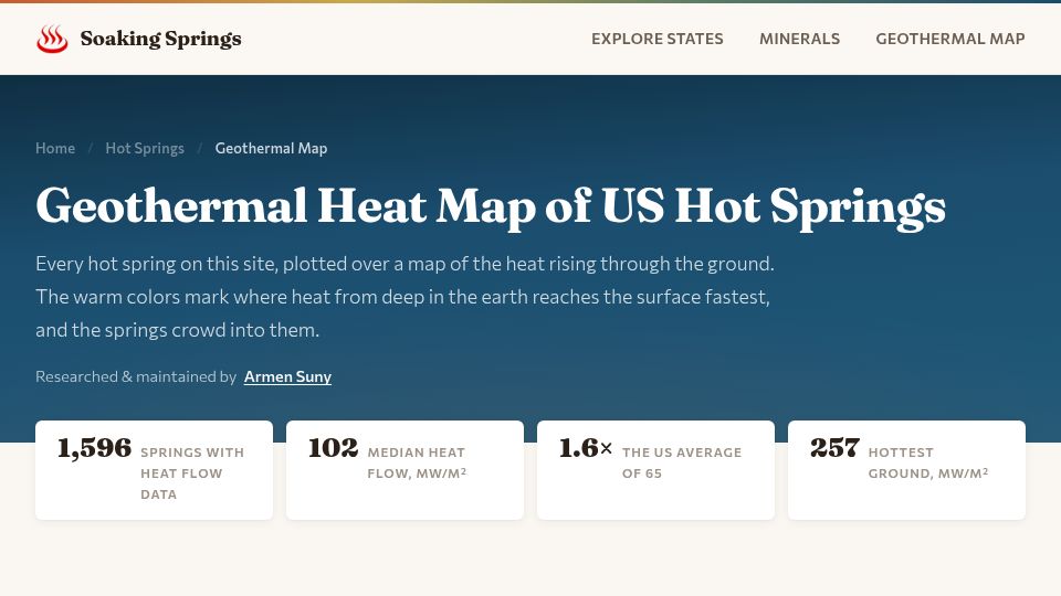 Screenshot of soakingsprings.com: Geothermal heat map of US hot springs