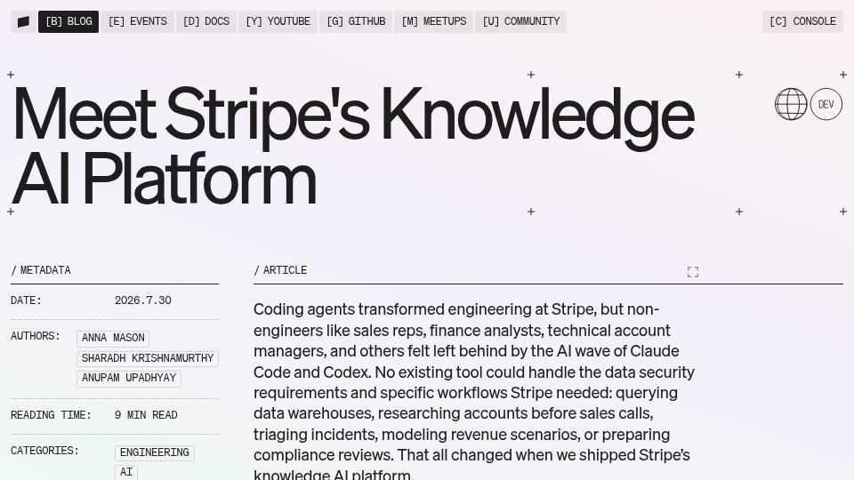 Screenshot of stripe.dev: Stripe's Knowledge AI Platform