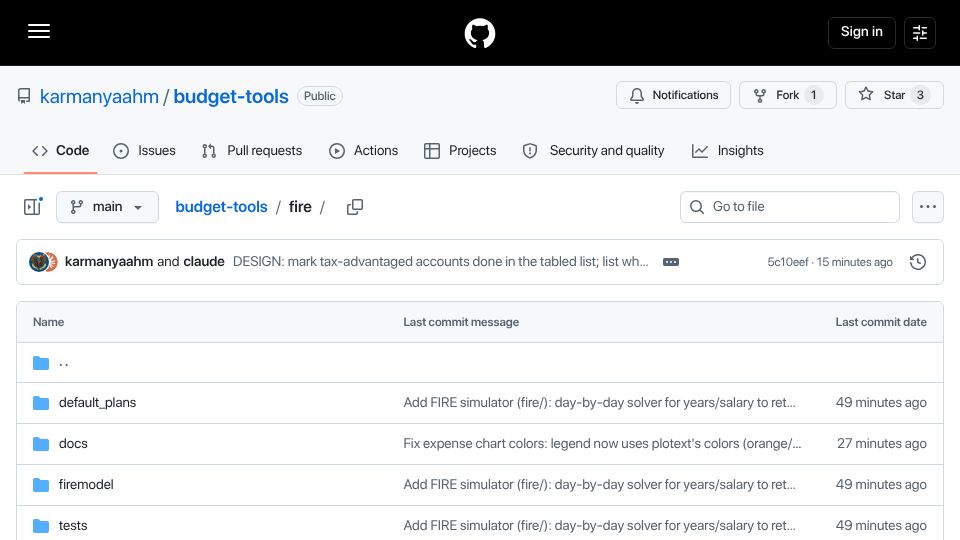Screenshot of github.com: Show HN: How long do I need to work at my salary before I can coast, or retire?