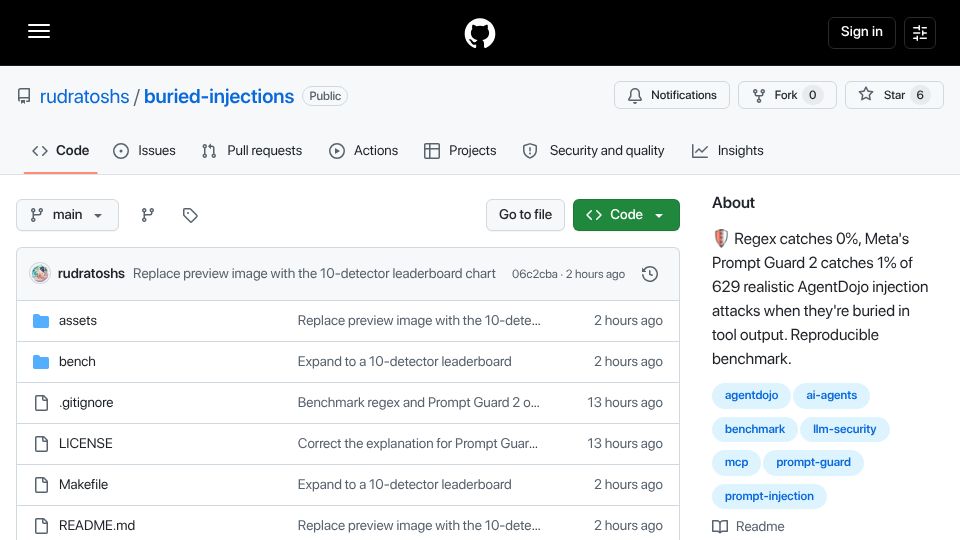 Screenshot of github.com: Can open-source prompt-injection detectors catch realistic AI agent attacks?