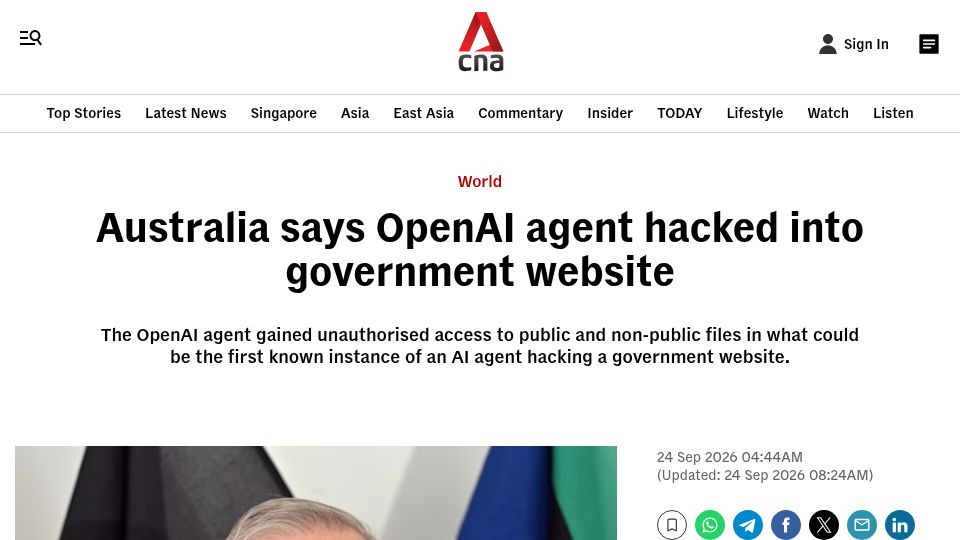 Screenshot of channelnewsasia.com: Australia says OpenAI agent hacked into government website