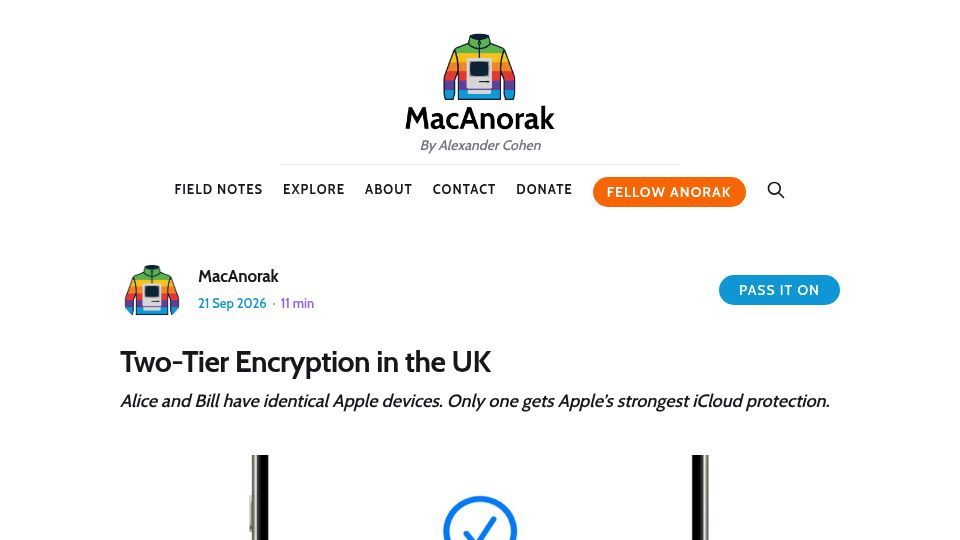 Screenshot of macanorak.com: Two-tier encryption in the UK