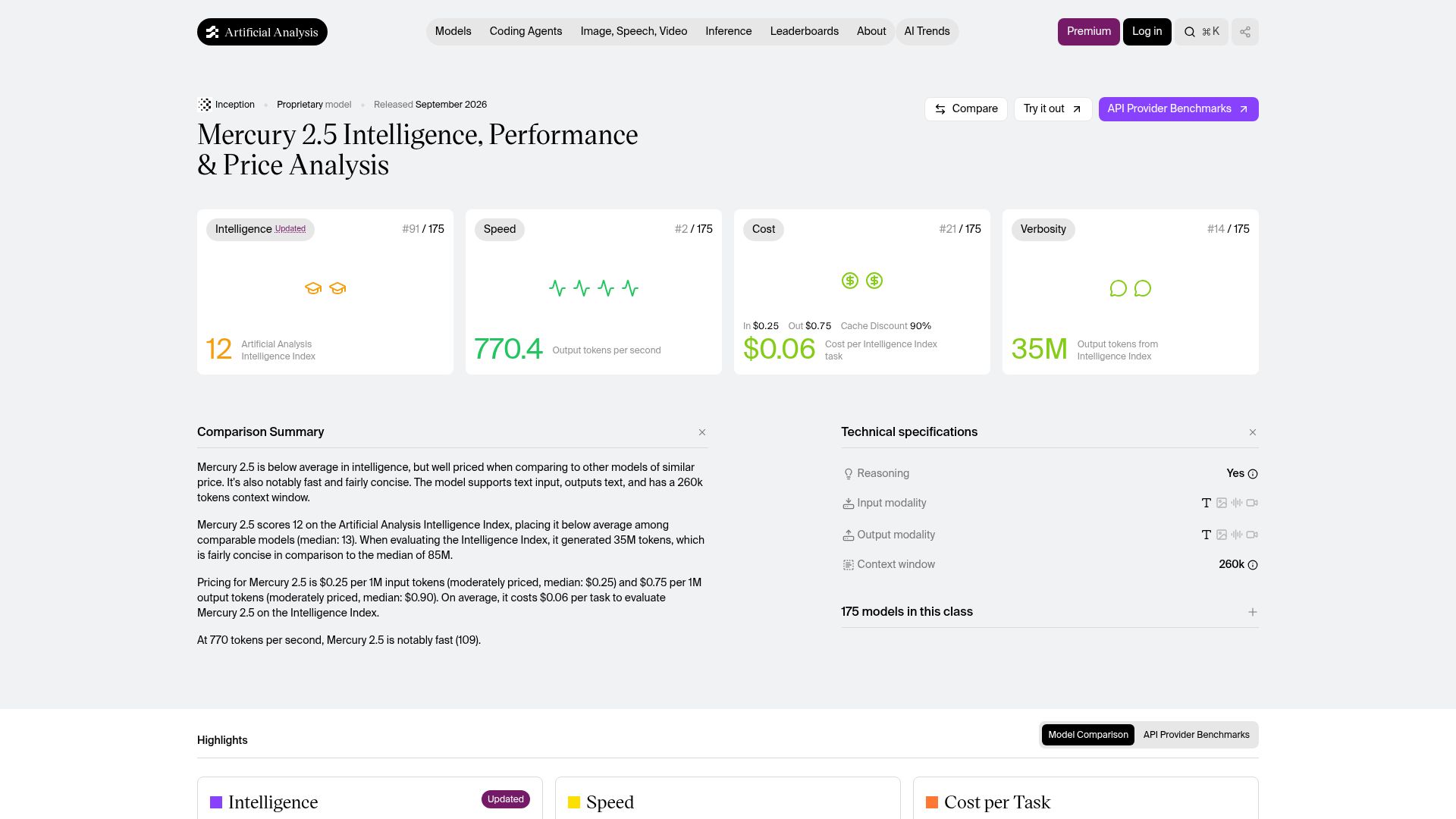 Screenshot of artificialanalysis.ai: Mercury 2.5 LLM hits 770 tokens per second