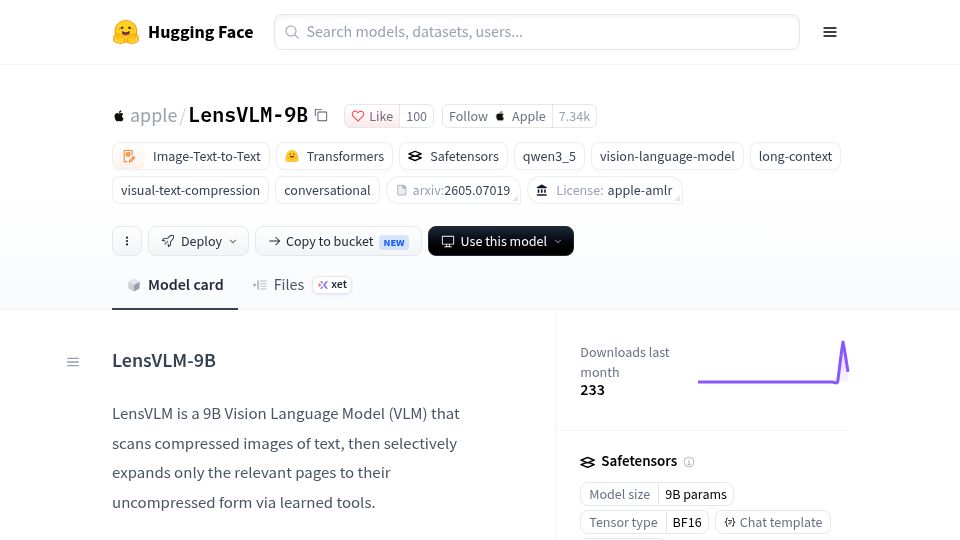 Screenshot of huggingface.co: LensVLM: Compressing long context as images, expanding only relevant pages