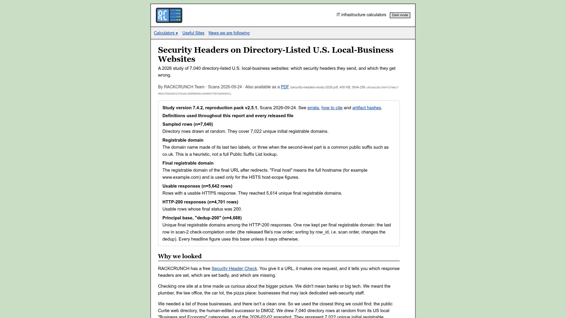 Screenshot of rackcrunch.com: Security headers on 4,688 small-business websites: 49.7% met none of 7 criteria