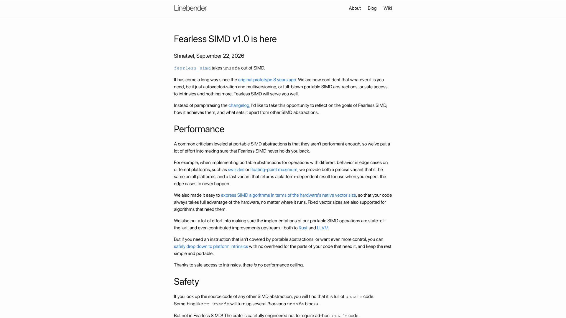 Screenshot of linebender.org: Fearless SIMD v1.0
