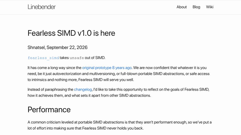 Screenshot of linebender.org: Fearless SIMD v1.0