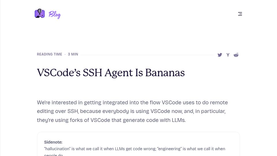 Screenshot of fly.io: VSCode's SSH Agent Is Bananas (2025)