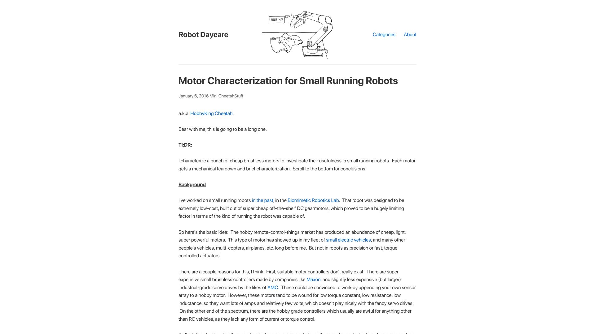 Screenshot of robot-daycare.com: Motor Characterization for Small Running Robots (2016)