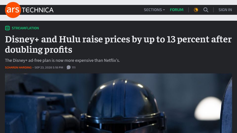 Screenshot of arstechnica.com: Disney+ and Hulu raise prices by up to 13 percent after doubling profits