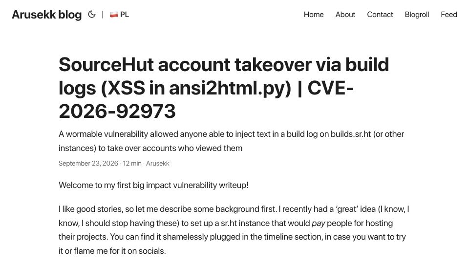 Screenshot of blog.arusekk.pl: Sourcehut account takeover via build logs (XSS in ansi2html)