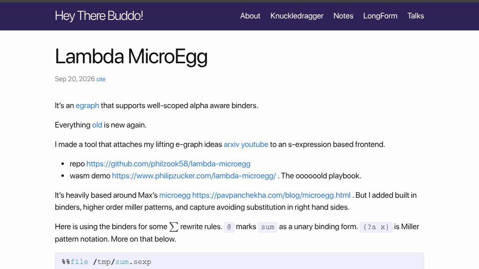 Screenshot of philipzucker.com: Lambda MicroEgg