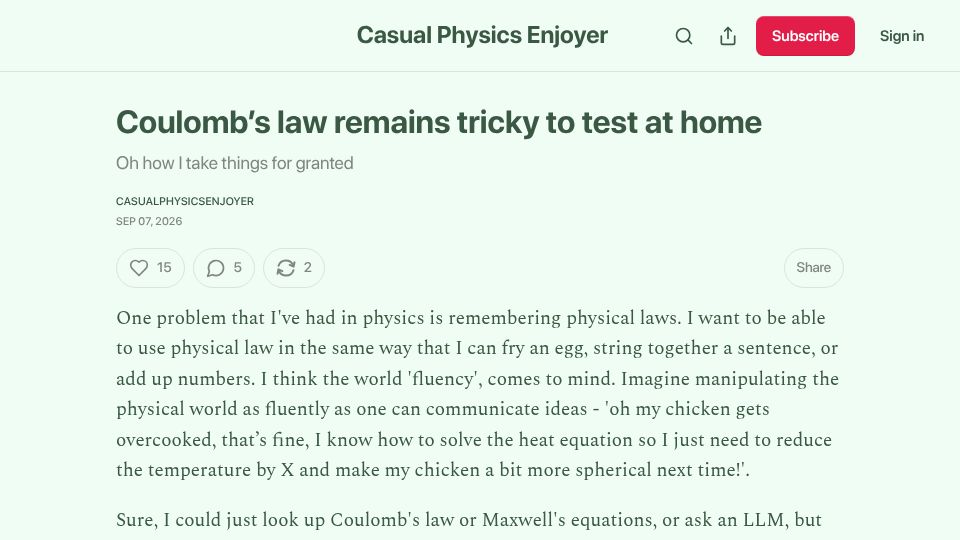 Screenshot of chillphysicsenjoyer.substack.com: Coulomb's law remains tricky to test at home