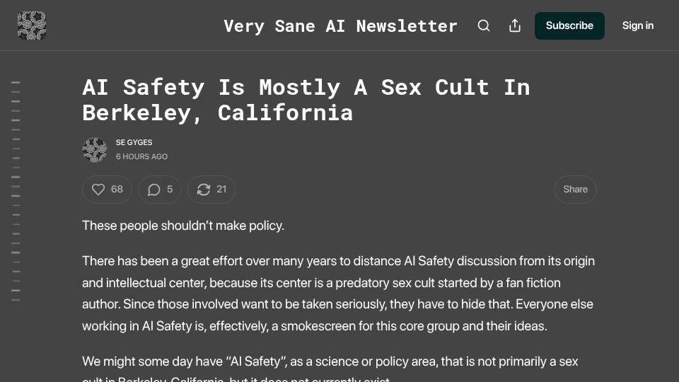 Screenshot of verysane.ai: AI safety is mostly a sex cult in Berkeley