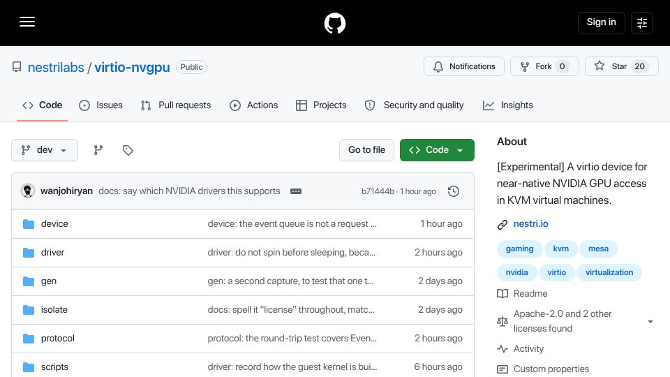 Screenshot of github.com: Virtio-nvgpu: Near-native Nvidia GPU access inside a KVM guest