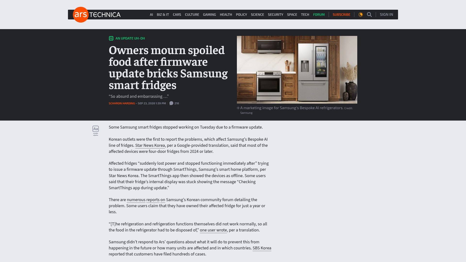 Screenshot of arstechnica.com: Owners mourn spoiled food after firmware update bricks Samsung smart fridges