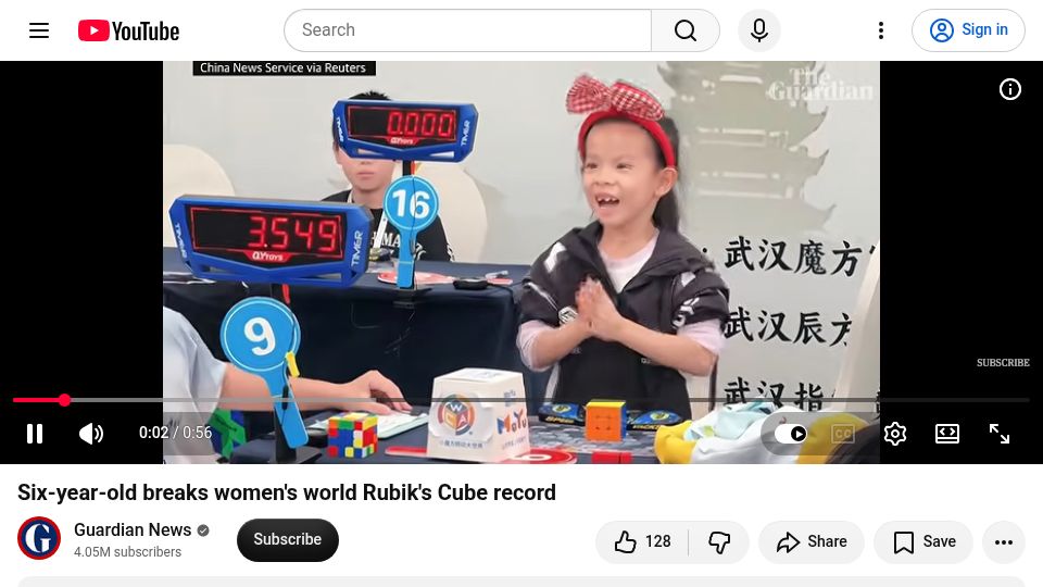 Screenshot of youtube.com: Six-year-old breaks women's world Rubik's Cube record [video]