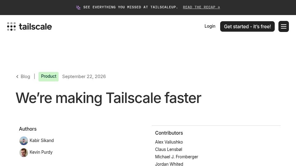 Screenshot of tailscale.com: Making Tailscale Faster